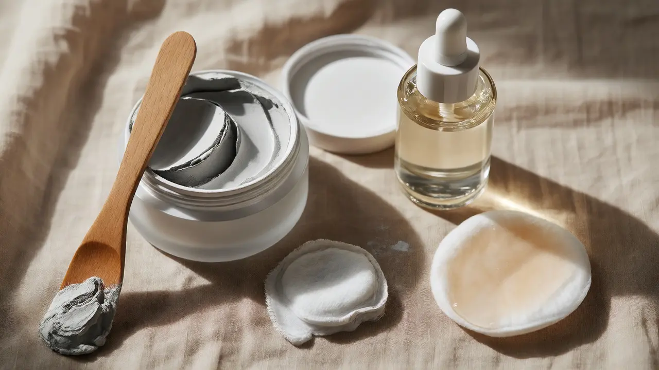 Jílová maska a pleťové produkty na béžovém pozadí