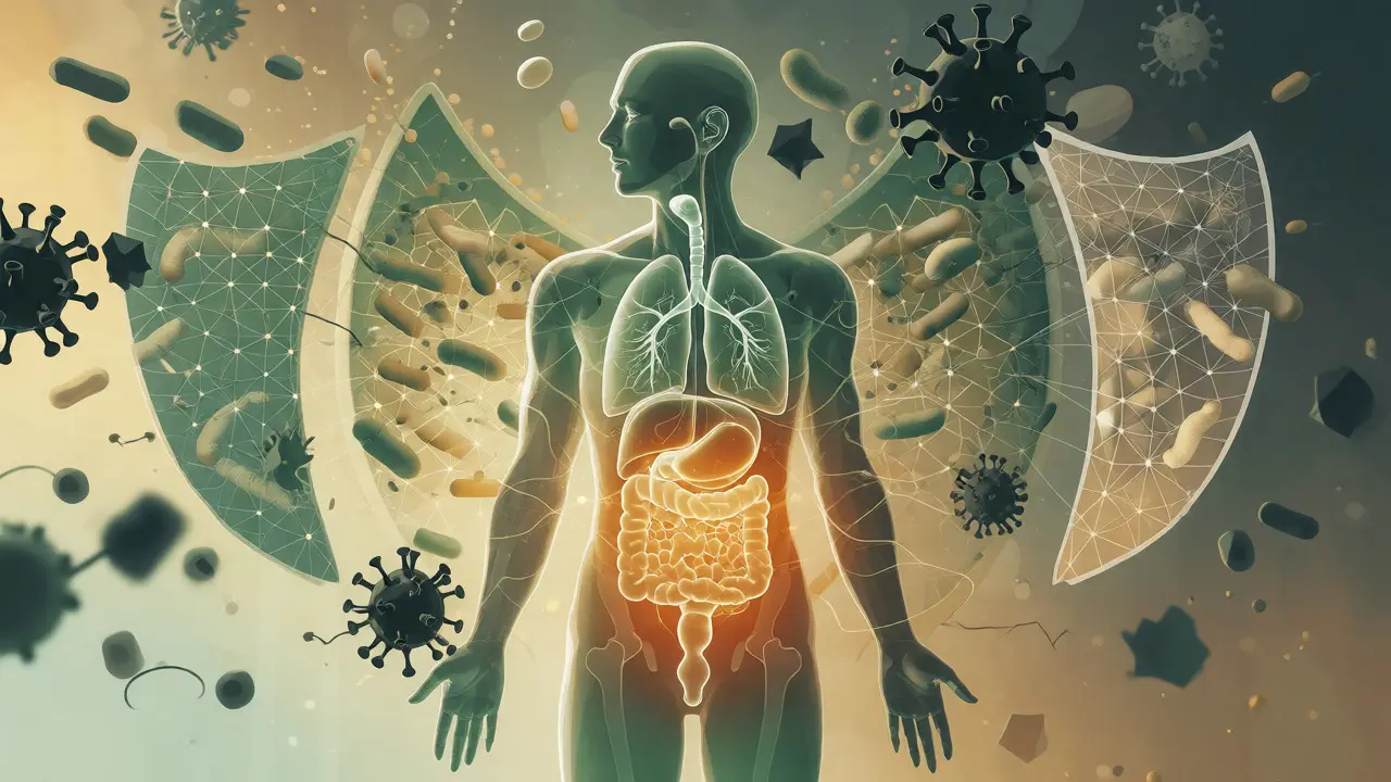 Konceptuální ilustrace propojení imunitního systému se zdravím střev
