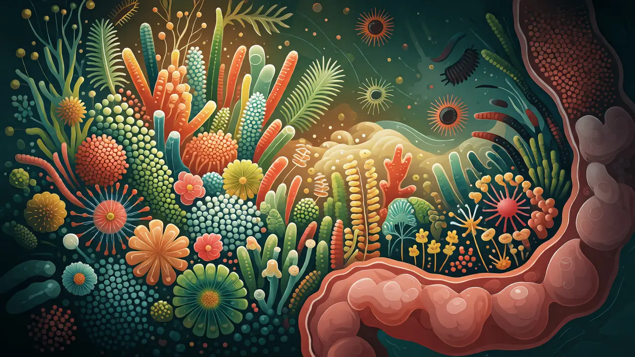 Konceptuální ilustrace střevního mikrobiomu jako zahrady s zdravými bakteriemi a patogenními organismy