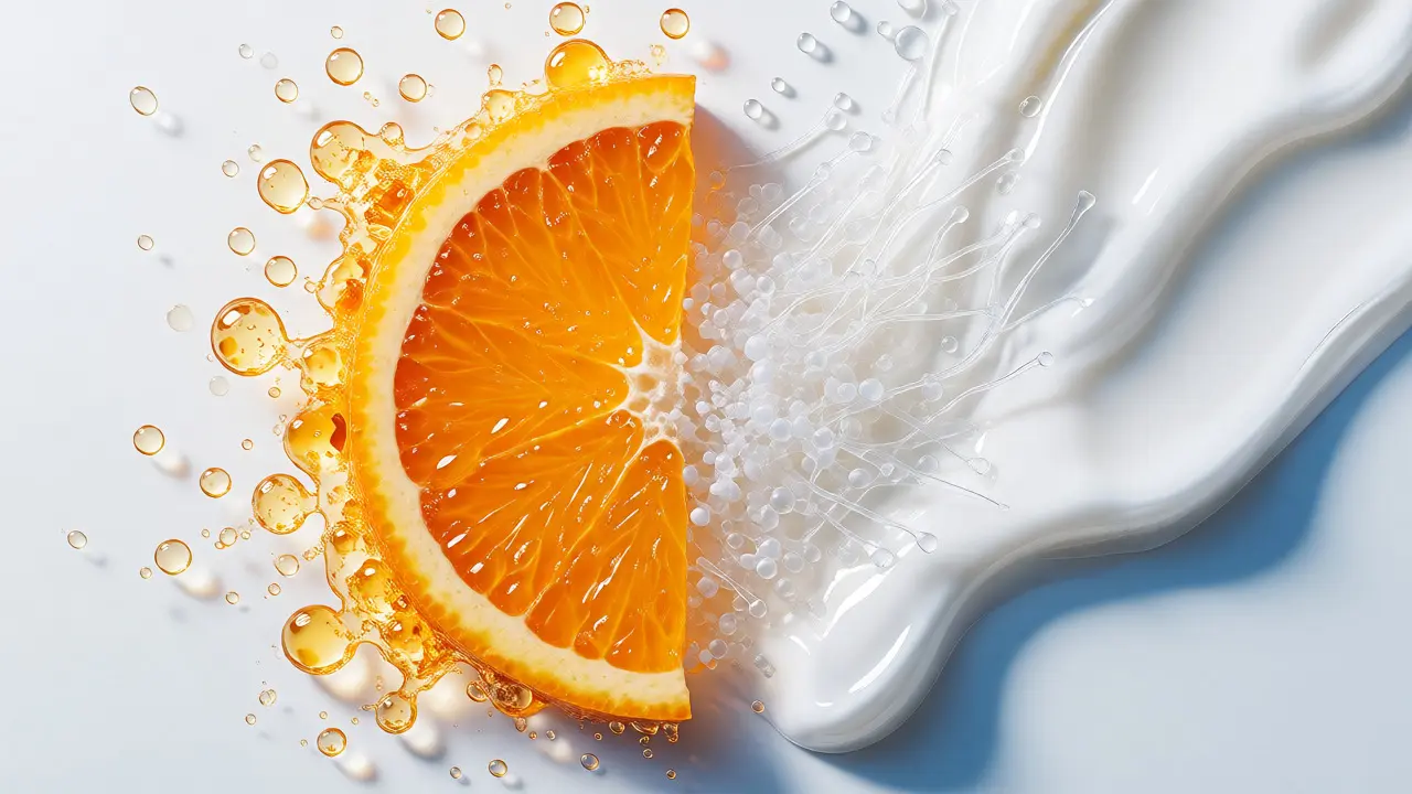 Konceptuální vizualizace vitaminu C a kolagenu pro péči o pleť