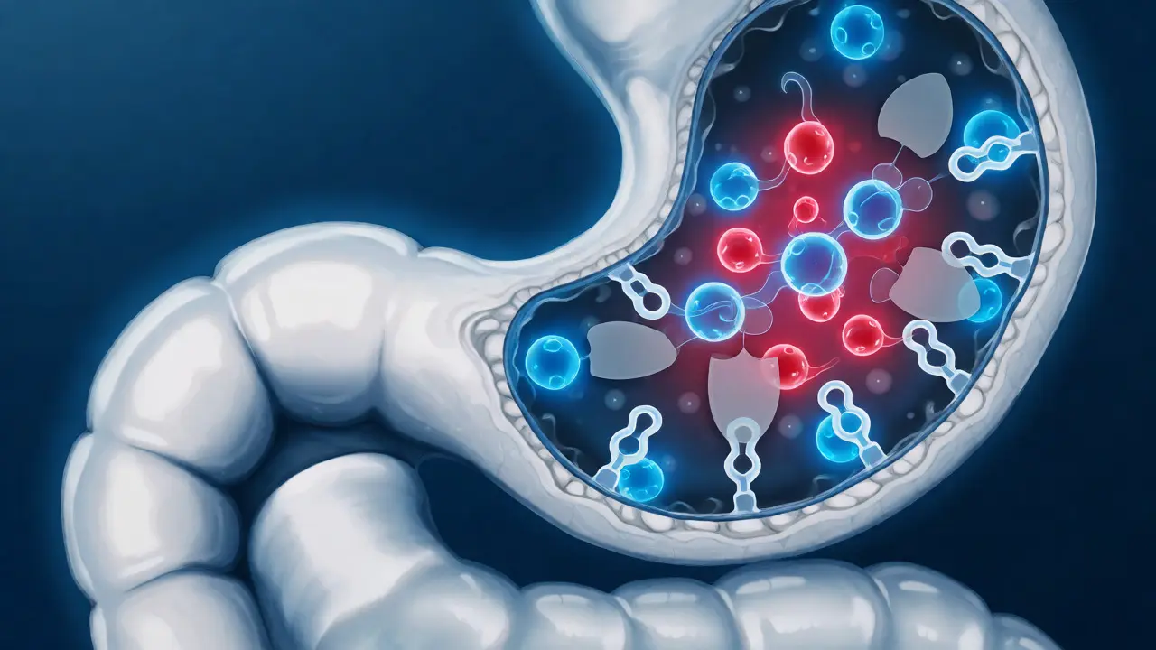 Medicínská ilustrace vstřebávání B12 ve střevech pomocí vnitřního faktoru