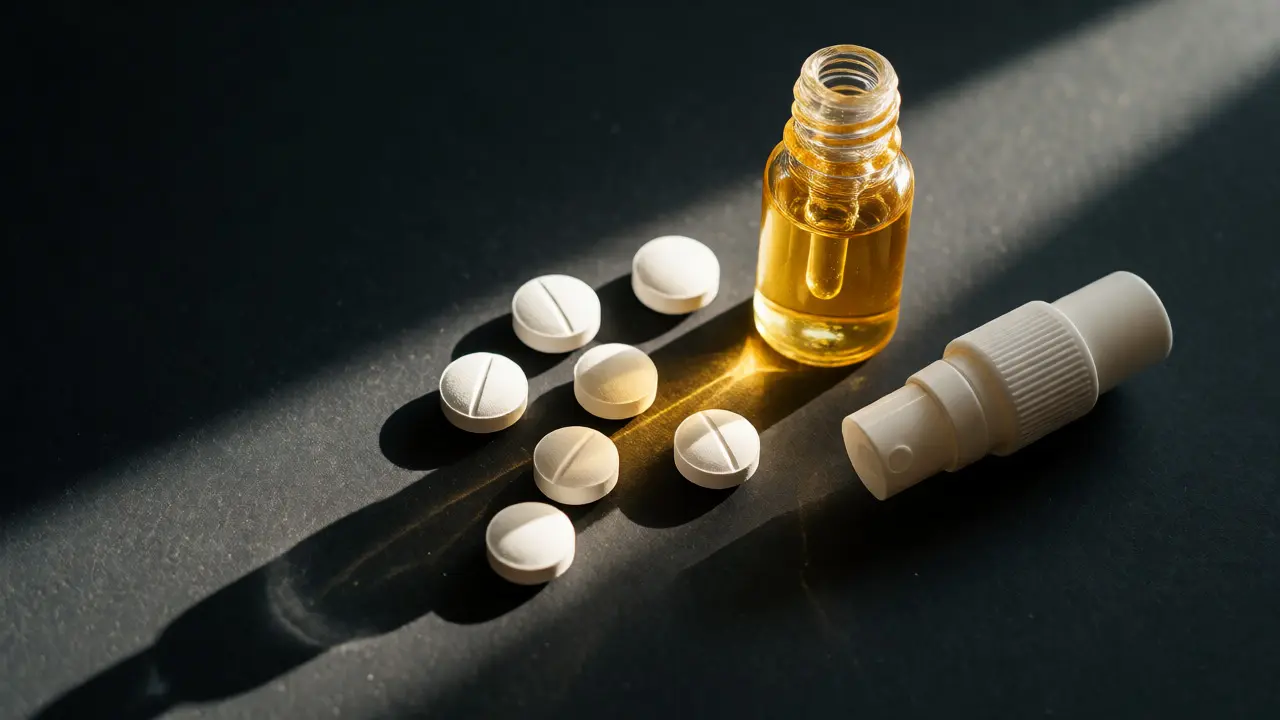 Porovnání tablet, olejových kapek a spreje vitamínu D na tmavém pozadí.