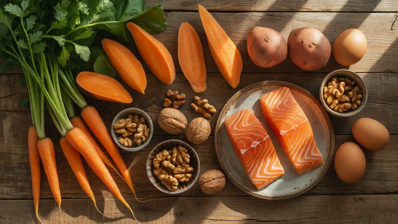 Potraviny bohaté na vitamíny pro růst vlasů na stole