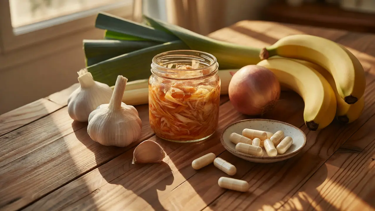 Ranní stůl s fermentovanými potravinami, prebiotiky a probiotickými kapslemi