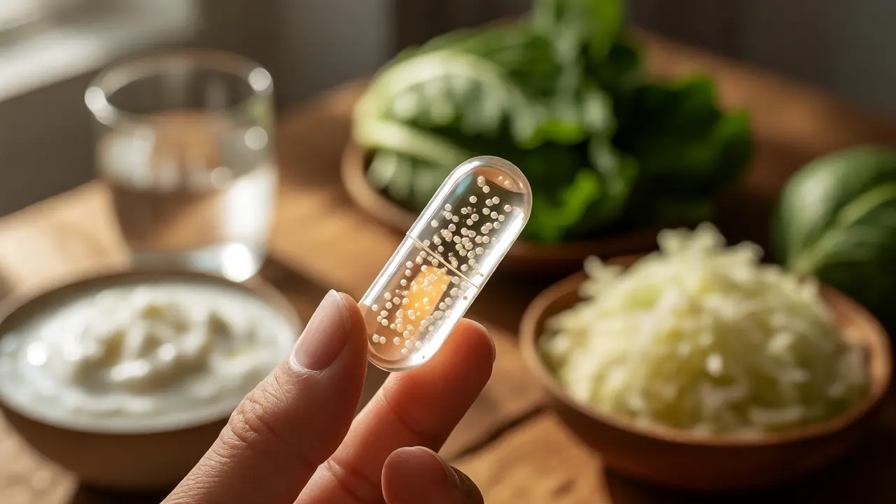 Ruka držící kapsli s probiotiky vedle sklenice vody a fermentovaných potravin