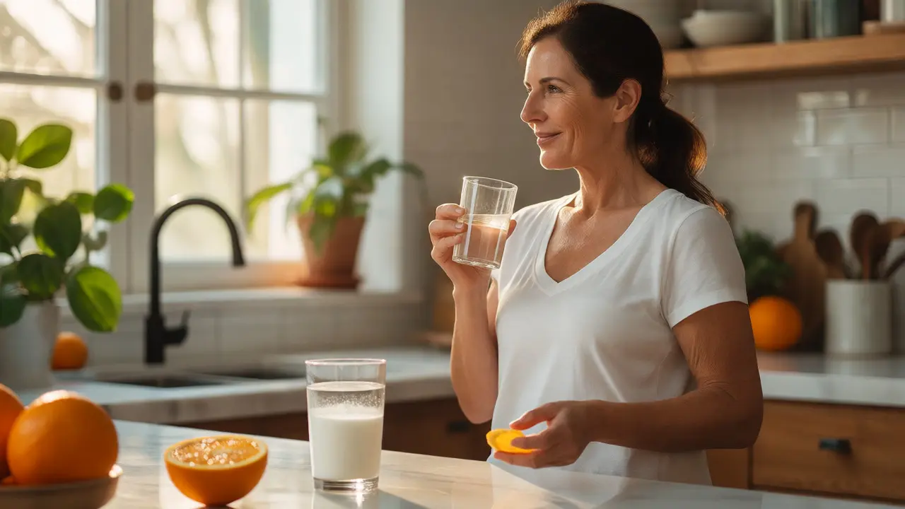 Žena užívající kolagen s vitaminem C v kuchyni